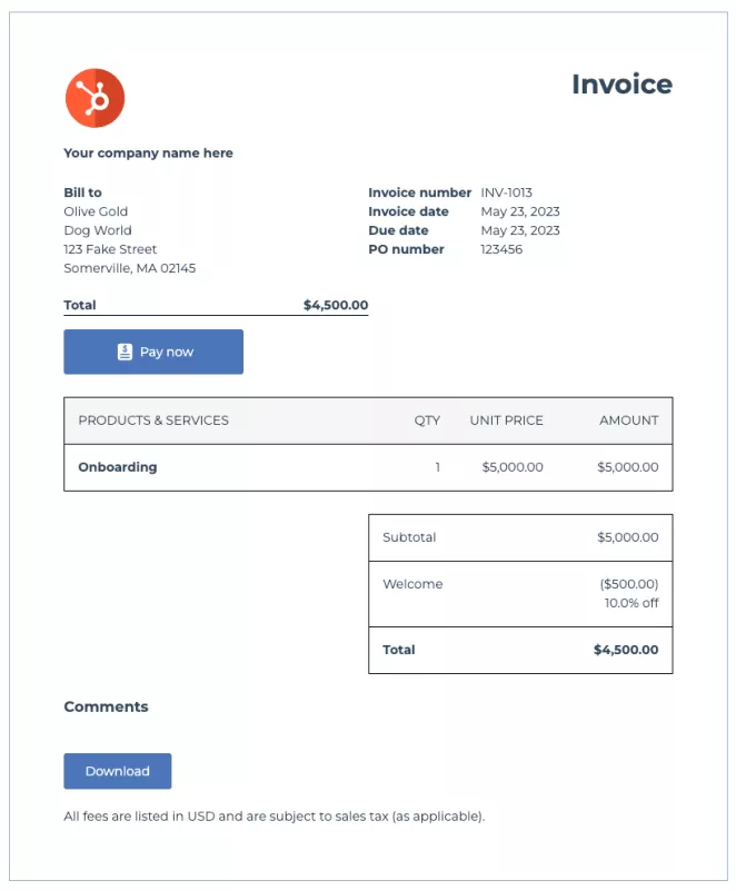 HubSpot invoice