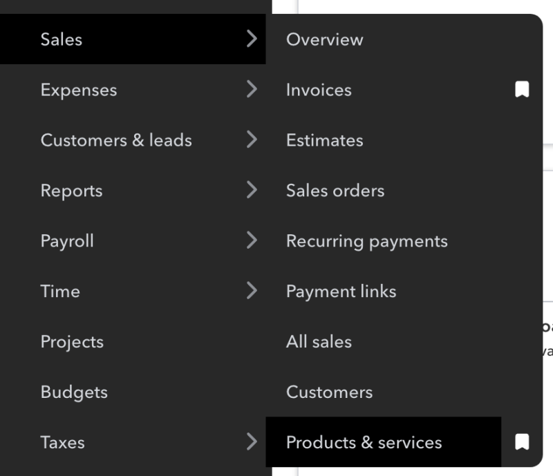 QuickBooks Online Product Menu