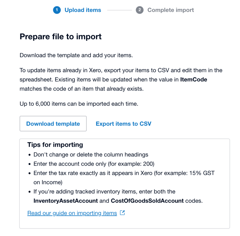 Xero Import Screen